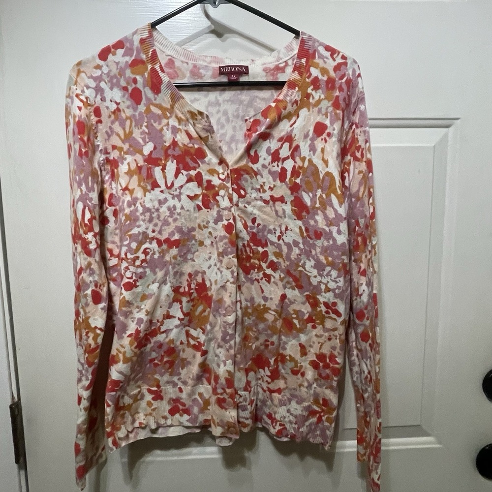 Merona Cardigan Women XL White Floral Button Long Sleeve Knit Soft Cotton